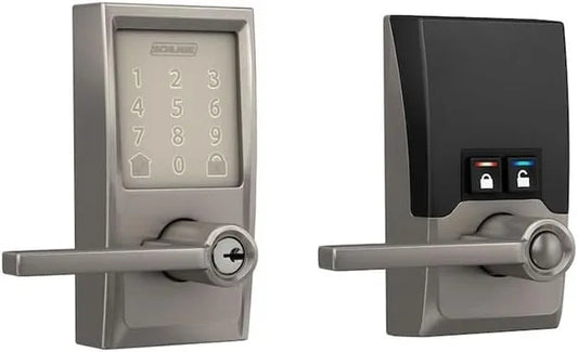 Schlage Residential FE789WBCCEN619LAT Century Encode Smart WiFi Touchscreen Latitude Lever Lock with C Keyway; 16211 Latch; and 10063 Strike Satin Nickel Finish
