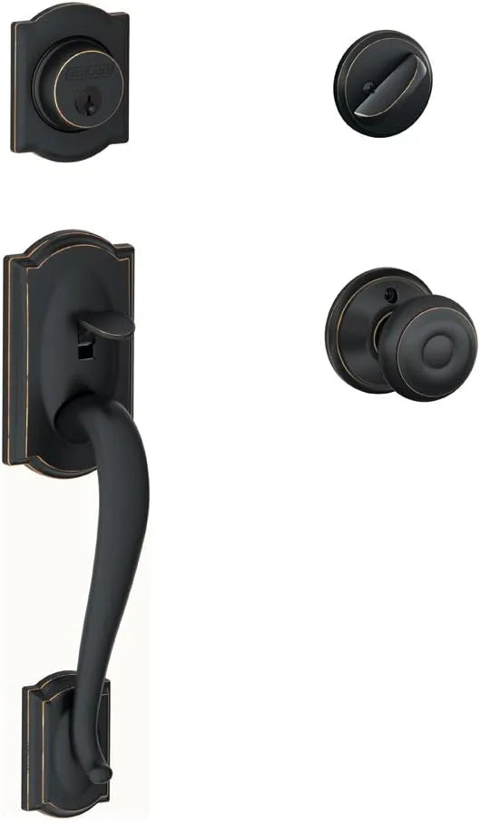 SCHLAGE Camelot Single Cylinder Handleset and Georgian Knob, Aged Bronze (F60 CAM 716 GEO)