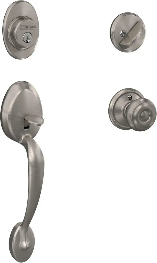Schlage F60 V PLY 619 GEO Plymouth Front Entry Handleset with Georgian Knob, Deadbolt Keyed 1 Side, Satin Nickel