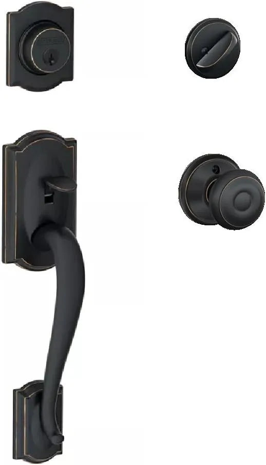 Schlage F60CAM716GEO Camelot Active Door Handleset with Georgian Interior, Aged Bronze