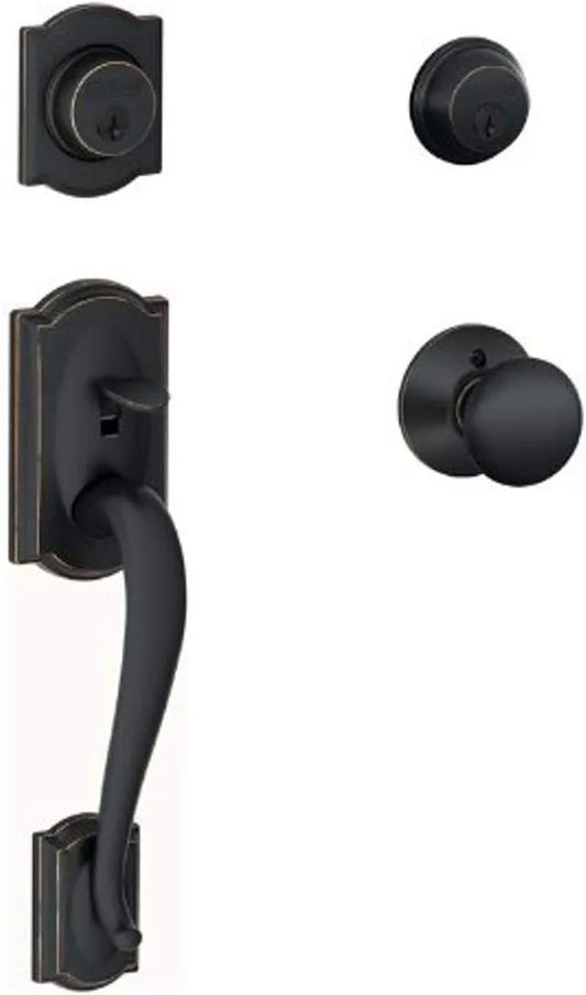 Schlage Residential F62CAM716PLY Camelot with Plymouth Knob Double Cylinder Handleset and Trim C Keyway with 12326 Latch and Round Corner Strikes Aged Bronze Finish