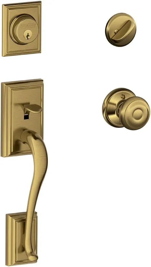 SCHLAGE Addison Single Cylinder Handleset and Georgian Knob, Antique Brass (F60 ADD 609 GEO)