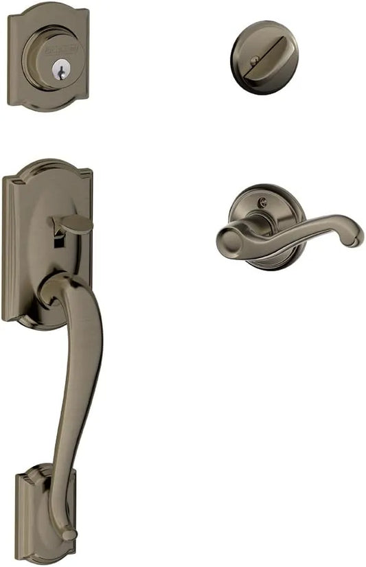 Camelot Single Cylinder Handleset and Left Hand Flair Lever, Antique Pewter (F60 CAM 620 FLA LH)