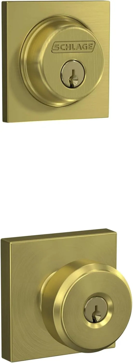 Schlage FB55N V BWE 608 COL Single Cylinder Deadbolt and Keyed Entry Bowery Knob with Collins Trim, Satin Brass