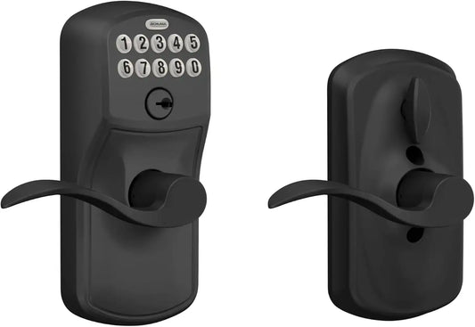 Schlage Electronic Keypad Lock, Lever Handle, Plymouth Trim, Matte Black