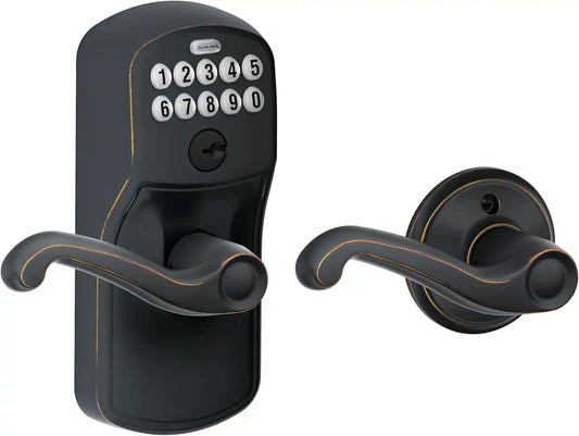 Schlage Electronic Keypad Lock, Lever Handle, Plymouth Trim, Aged Bronze