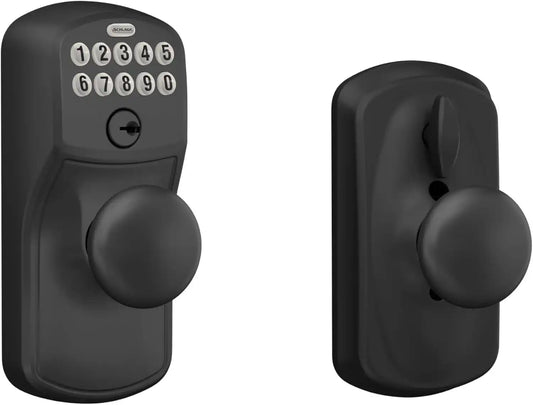 Schlage Electronic Keypad Lock, Lever Handle, Plymouth Trim, Matte Black