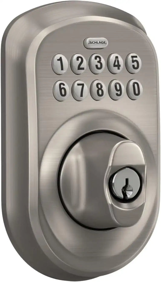 Schlage BE365 PLY 619 Plymouth Keypad Deadbolt, Electronic Keyless Entry Lock, Satin Nickel