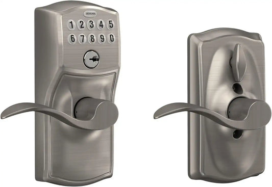 Schlage Electronic Keypad Lock, Lever Handle, Camelot Trim, Satin Nickel