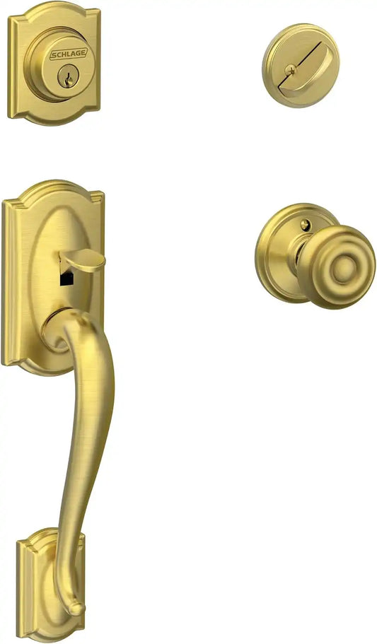 SCHLAGE Front Door Entry Handleset, Georgian Knob, Satin Brass