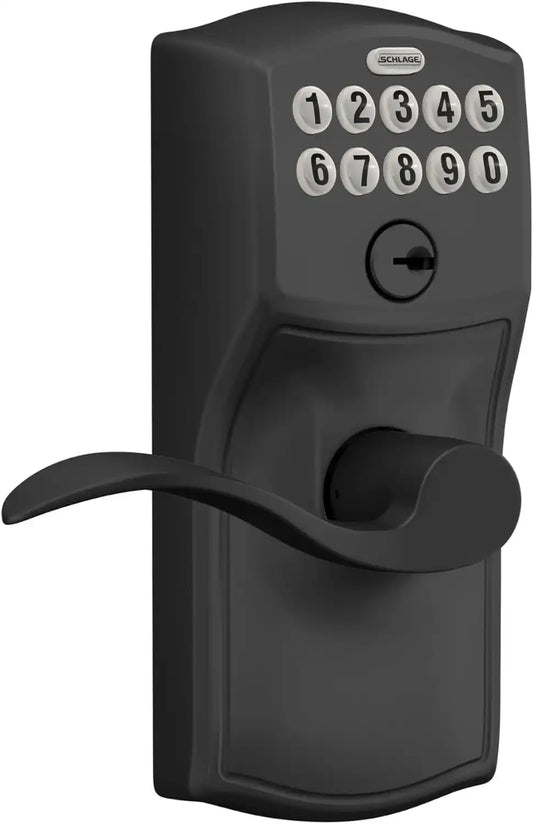 Schlage Electronic Keypad Lock, Lever Handle, Camelot Trim, Matte Black