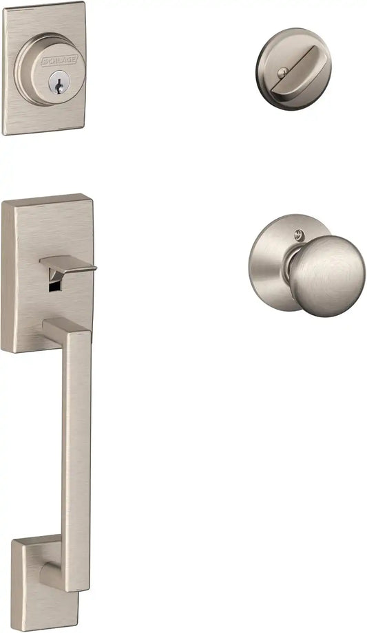 SCHLAGE Front Door Entry Handleset, Plymouth Knob, Satin Nickel