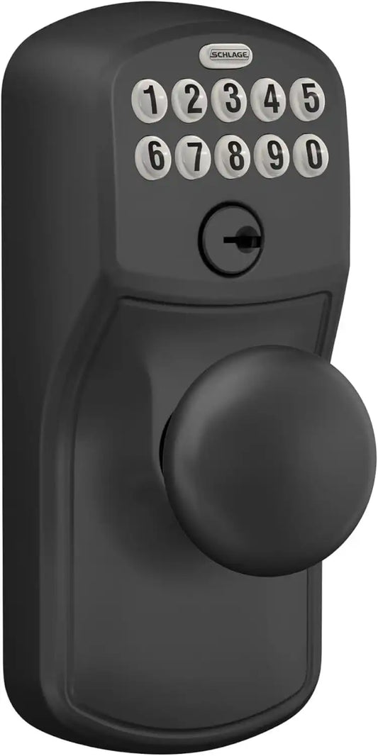 Schlage Electronic Keypad Lock, Lever Handle, Plymouth Trim, Matte Black