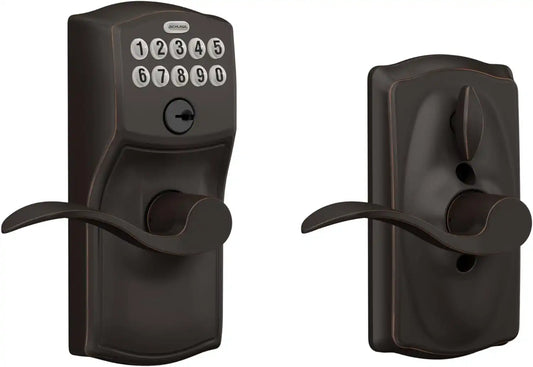Schlage Electronic Keypad Lock, Lever Handle, Camelot Trim, Aged Bronze