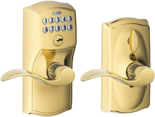Schlage FE595 CAM 505 ACC Camelot Design Keypad Entry with Accent Levers, Lifetime Polished Brass