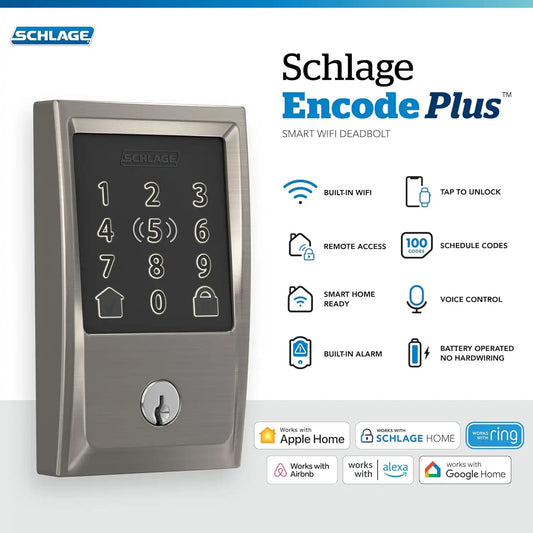 Schlage Encode Plus Smart WiFi Deadbolt Lock, Tap to Unlock, Satin Nickel
