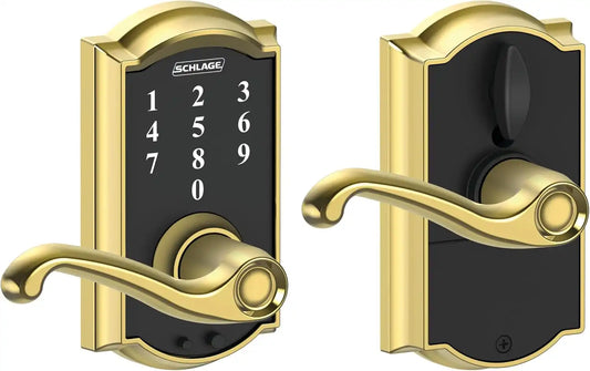 Schlage Touch Electronic Lock, Lever Handle, Camelot Trim, Bright Brass