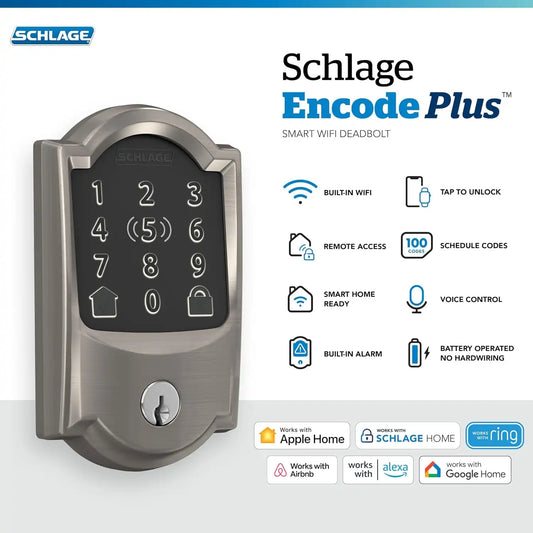 Schlage Encode Plus Smart WiFi Deadbolt Lock, Tap to Unlock, Satin Nickel