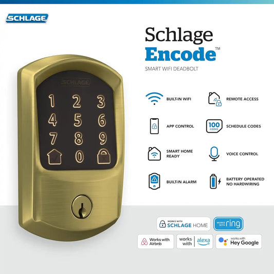 Schlage Encode Smart WiFi Deadbolt Lock with Greenwich Trim, Satin Brass