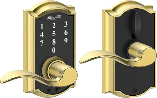 Schlage Touch Electronic Lock, Lever Handle, Camelot Trim, Bright Brass