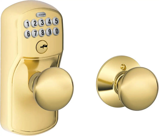Schlage Electronic Keypad Lock with Knob, Camelot Trim, Bright Brass