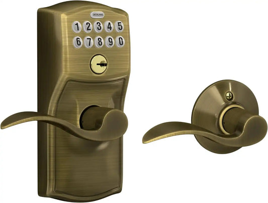 Schlage Electronic Keypad Lock, Lever Handle, Plymouth Trim, Antique Brass