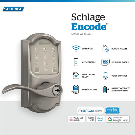 Schlage Encode Smart WiFi Lock, Lever Handle, Camelot Trim, Satin Nickel
