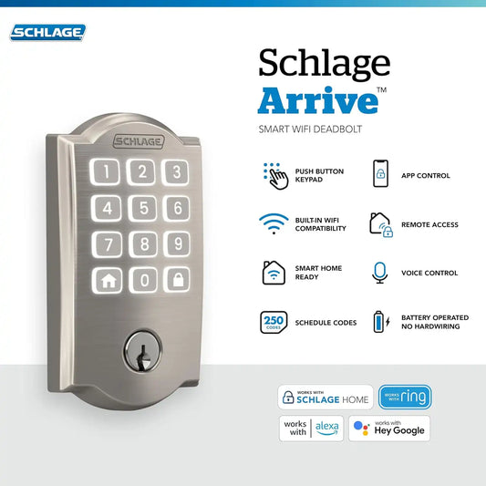 Schlage Arrive Smart WiFi Deadbolt Lock with Camelot Trim, Satin Nickel