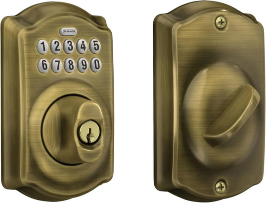 Schlage Electronic Keypad Deadbolt Lock, Camelot Trim, Antique Brass