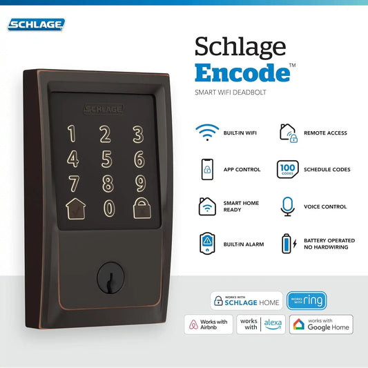 Schlage Encode Smart WiFi Deadbolt Lock with Century Trim, Aged Bronze
