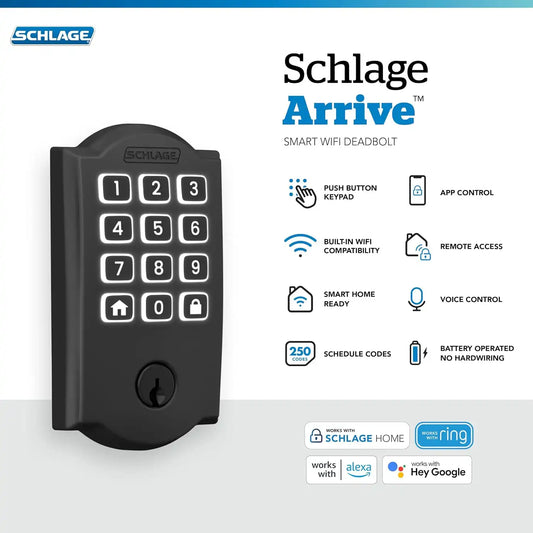 Schlage Arrive Smart WiFi Deadbolt Lock with Camelot Trim, Matte Black