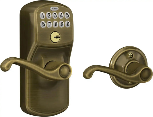 Schlage Electronic Keypad Lock, Lever Handle, Plymouth Trim, Antique Brass