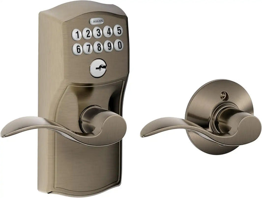 Schlage Electronic Keypad Lock, Lever Handle, Plymouth Trim, Antique Pewter