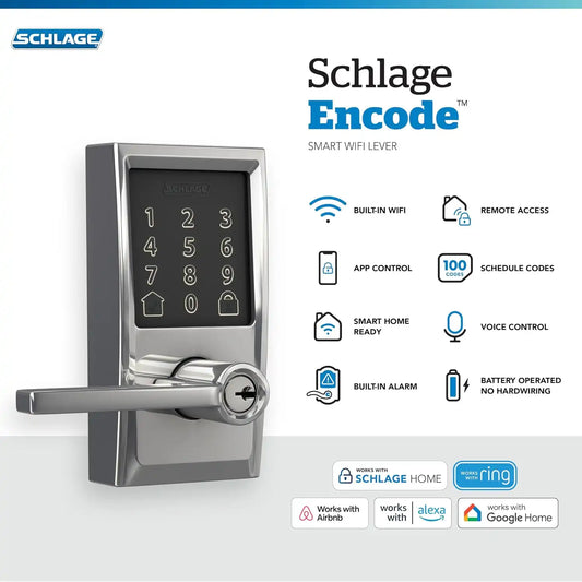 Schlage Encode Smart WiFi Lock, Lever Handle, Century Trim, Bright Chrome