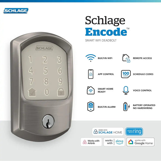 Schlage Encode Smart WiFi Deadbolt Lock with Greenwich Trim, Satin Nickel