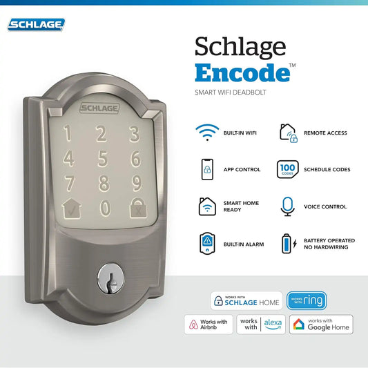Schlage Encode Smart WiFi Deadbolt Lock with Camelot Trim, Satin Nickel