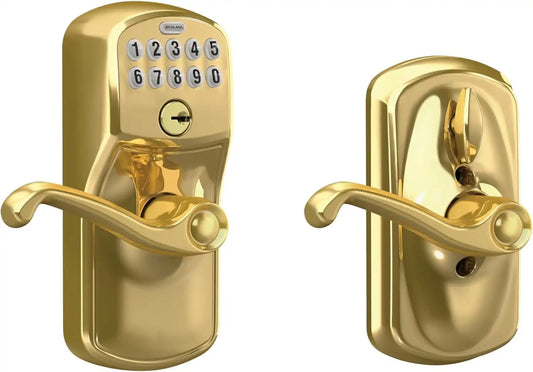 Schlage FE595 V PLY 505 FLA Plymouth Keypad Entry with Flex-Lock and Flair Lever, Bright Brass
