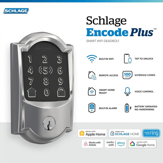 Schlage Encode Plus Smart WiFi Deadbolt Lock, Tap to Unlock, Bright Chrome