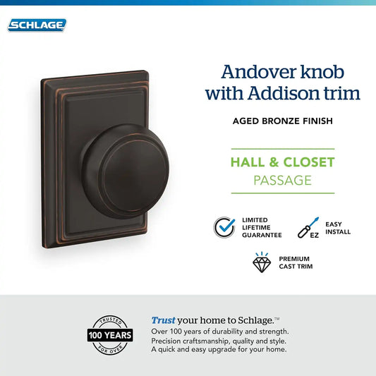 Schlage Andover Hall/Closet Passage Door Knob, Aged Bronze