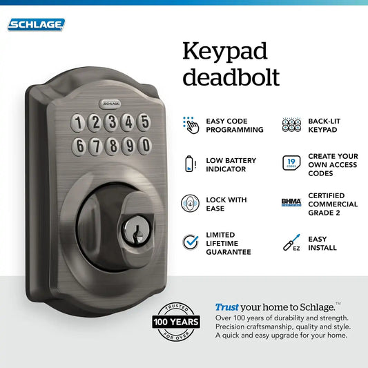 Schlage Electronic Keypad Deadbolt Lock, Camelot Trim, Antique Pewter