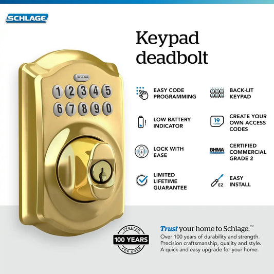 Schlage Electronic Keypad Deadbolt Lock, Camelot Trim, Bright Brass