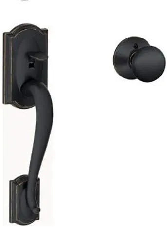 Schlage Residential F62CAM716PLY Camelot with Plymouth Knob Double Cylinder Handleset and Trim C Keyway with 12326 Latch and Round Corner Strikes Aged Bronze Finish