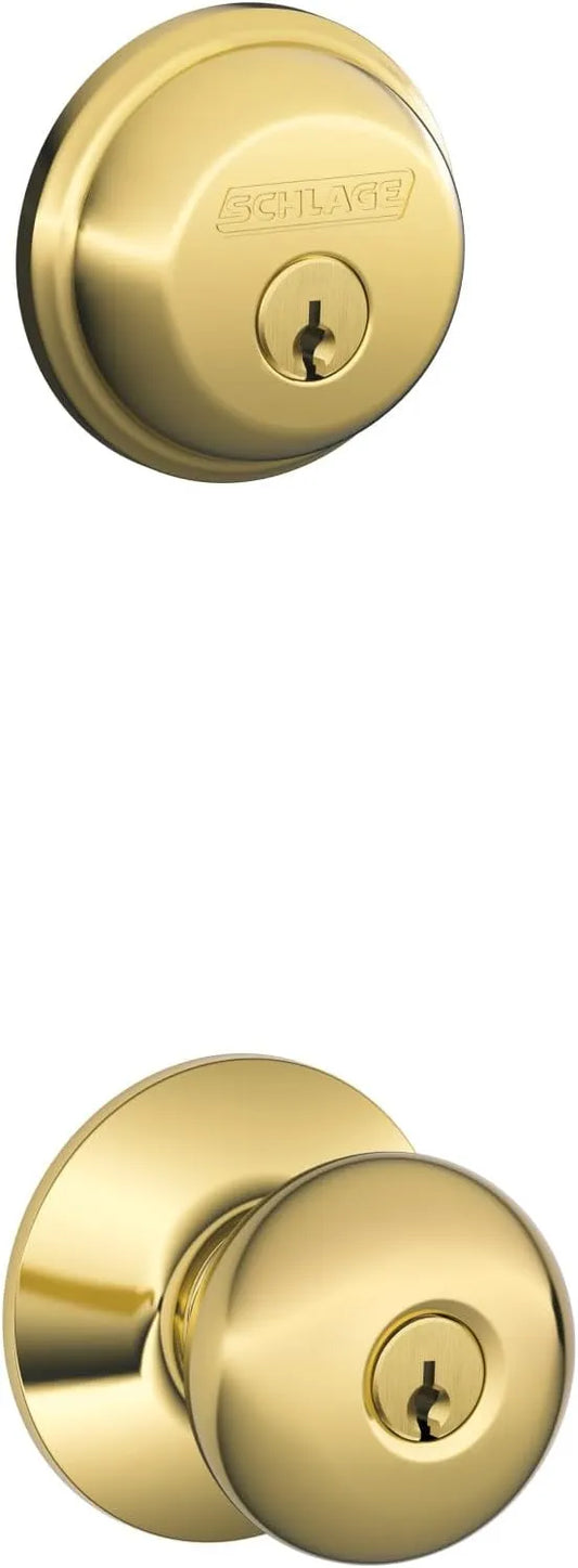 Schlage FB50 V PLY 505 605 Single Cylinder Deadbolt and Keyed Entry Plymouth Knob, Bright Brass