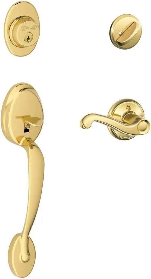 Plymouth Single Cylinder Handleset and Right Hand Flair Lever, Bright Brass (F60 PLY 505 FLA 605 RH)