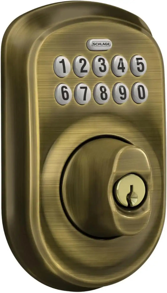 Schlage Electronic Keypad Deadbolt Lock, Plymouth Trim, Antique Brass