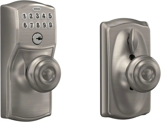 Schlage Electronic Keypad Lock with Knob, Camelot Trim, Satin Nickel