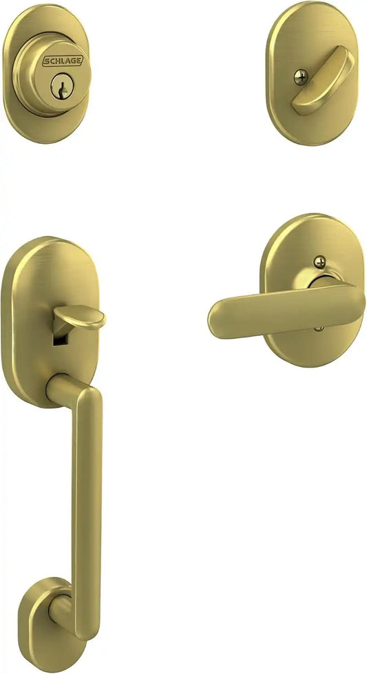 Schlage F60 RMN 608 DAV RMN Remsen Front Entry Handleset with Davlin Door Lever, Deadbolt Keyed 1 Side, Satin Brass