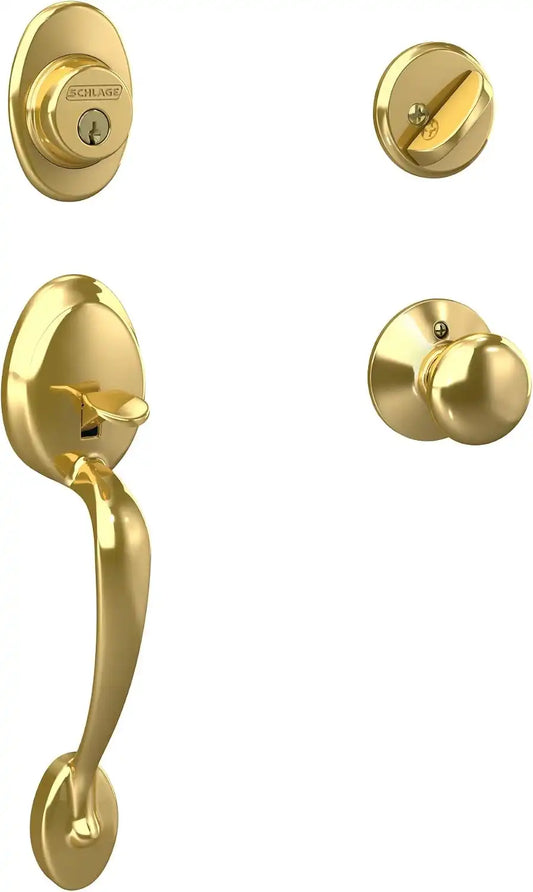 Schlage F60 V PLY 505 605 Plymouth Front Entry Handleset with Plymouth Knob, Deadbolt Keyed 1 Side, Bright Brass