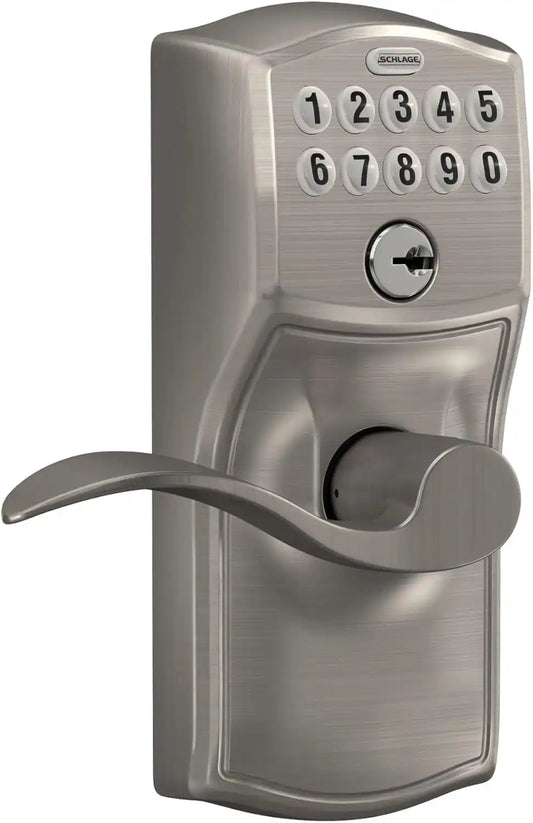 Schlage Electronic Keypad Lock, Lever Handle, Camelot Trim, Satin Nickel