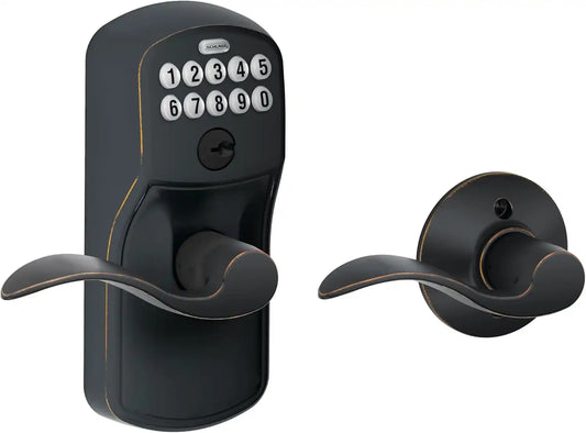 Schlage Electronic Keypad Lock, Lever Handle, Plymouth Trim, Aged Bronze